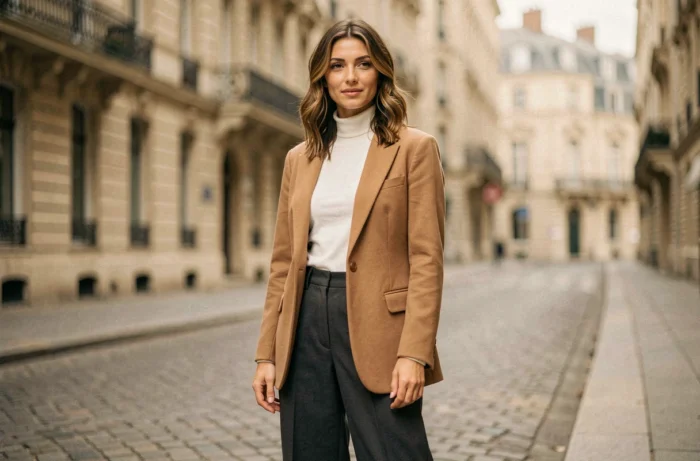 Femme élégante portant un blazer camel oversize et un pantalon large anthracite dans une rue pavée parisienne, tendance mode automne-hiver