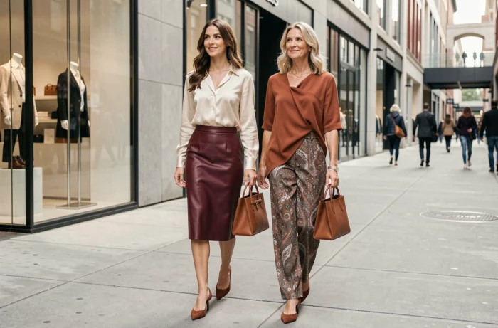 Deux femmes élégantes marchant dans un quartier mode urbain, portant des tenues tendance jupe en cuir bordeaux et pantalon imprimé terracotta