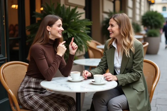 Deux femmes stylées aux tenues tendance automne-hiver attablées en terrasse d'un café parisien, illustrant les looks mode de la saison