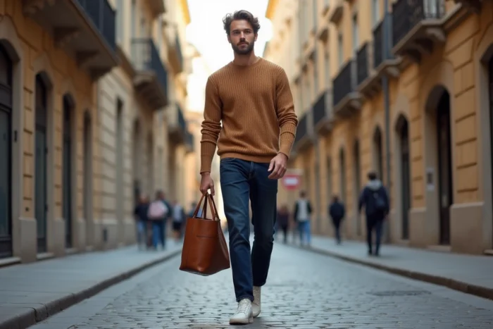 Homme trendy en pull en maille côtelée et jean indigo portant un tote bag en cuir cognac dans une rue pavée européenne