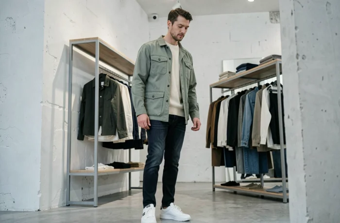 Homme jeune en veste utilitaire vert sauge et pull côtelé crème dans un concept store minimaliste, look mode urbain tendance
