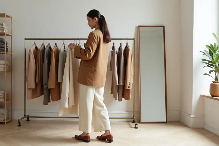 Femme élégante en blazer camel oversize et pantalon large crème explorant les nouvelles tendances mode dans une boutique parisienne minimaliste