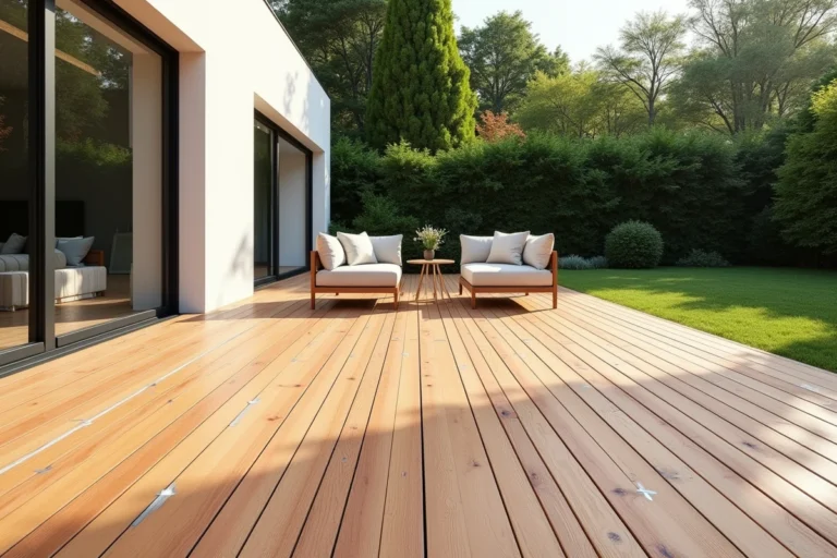 Terrasse extérieure en bois de teck naturel avec mobilier de jardin minimaliste et vue sur jardin verdoyant