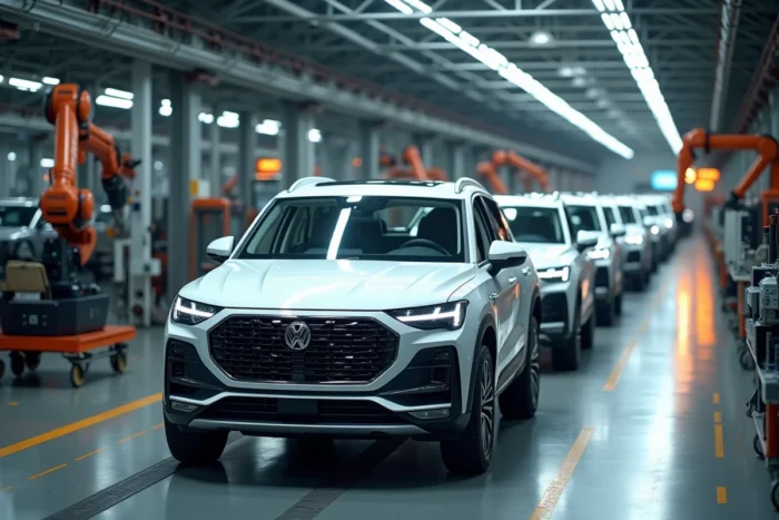 Chaîne de montage automobile d'une usine Stellantis avec bras robotiques industriels et véhicules en cours d'assemblage