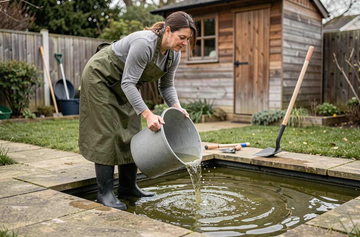 Femme vidant un bassin de jardin avec un seau en plastique, méthode manuelle sans pompe