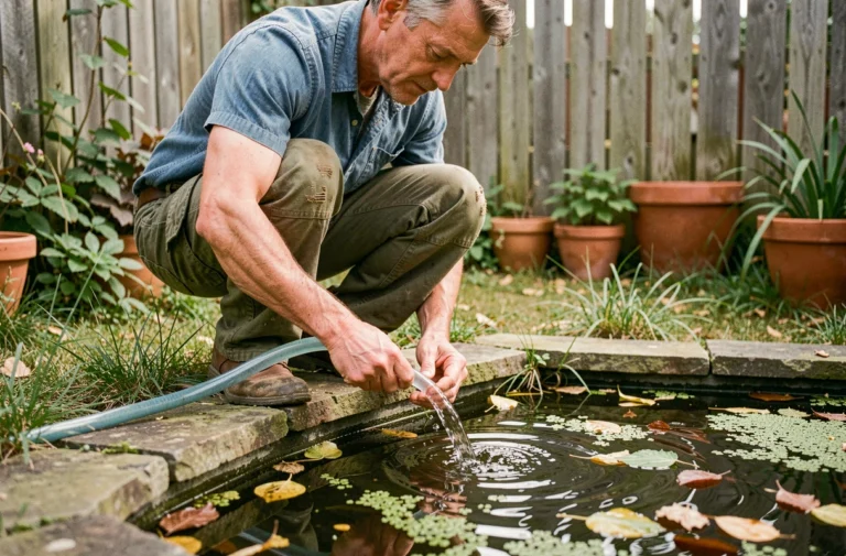 Homme utilisant un tuyau d'arrosage comme siphon pour vider un bassin de jardin sans pompe