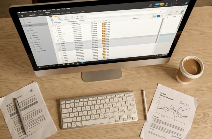 Vue aérienne d'un bureau de travail avec interface logicielle de gestion et numérisation de documents sur écran d'ordinateur