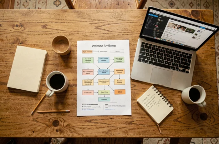 Vue aérienne d'un plan de sitemap imprimé entouré d'un ordinateur portable et de notes manuscrites sur une table en bois